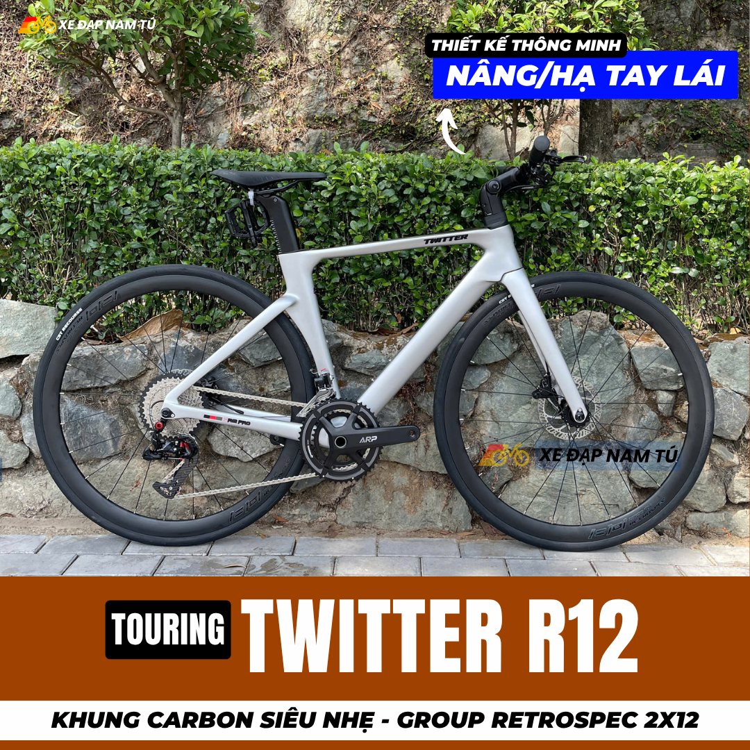  XE ĐẠP TOURING TWITTER R12 [2026], KHUNG CARBON, THIẾT KẾ NÂNG HẠ TAY LÁI THÔNG MINH 