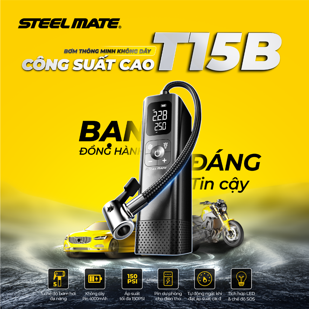[New] Bơm lốp ô tô mini thông minh không dây công suất cao T15B