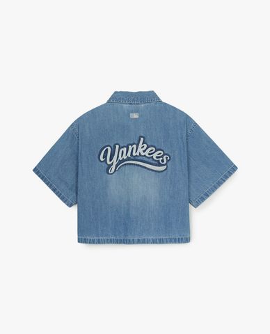  MLB - Women's Varsity Logo Short-Sleeve Collared Denim Shirt 
