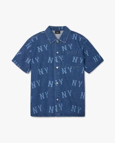  MLB - Unisex Short-Sleeve Denim Shirt Basic Multi Mega Logo Prints 