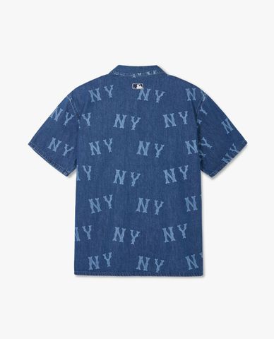  MLB - Unisex Short-Sleeve Denim Shirt Basic Multi Mega Logo Prints 