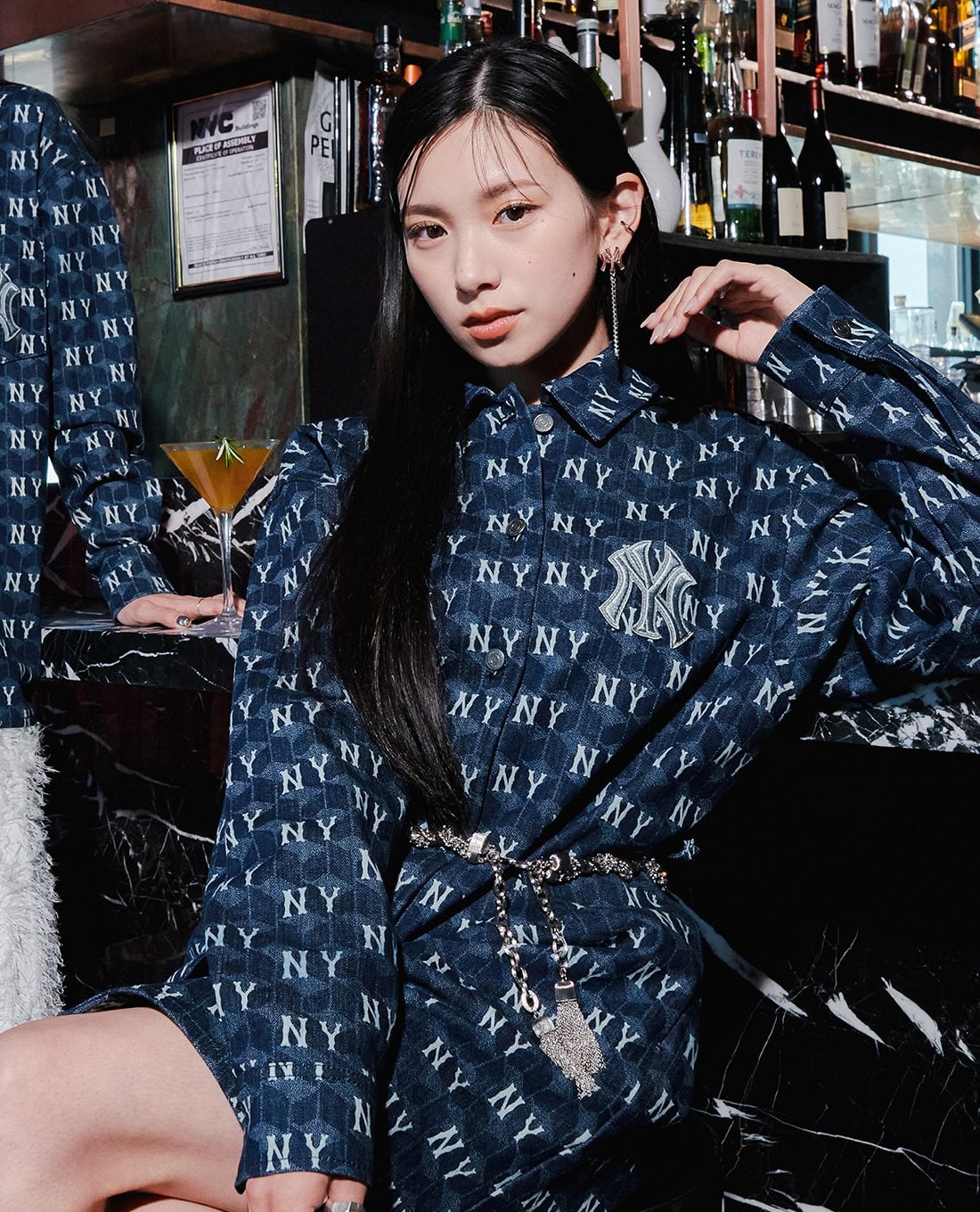 MLB - Long Sleeve Denim Shirt Dress With Monogram