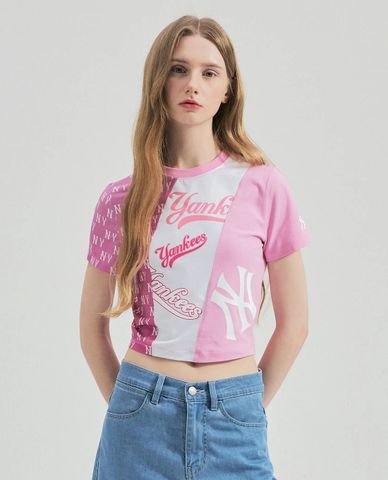  MLB - Women's Round-Neck Short-Sleeve Croptop Monogram Block Slim 