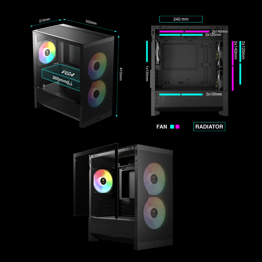 Vỏ case máy tính GAMDIAS AURA GC15M ARGB Black | Case Micro-ATX Kính Cường Lực, Sẵn 3 Fan ARGB, Hỗ Trợ VGA 300mm