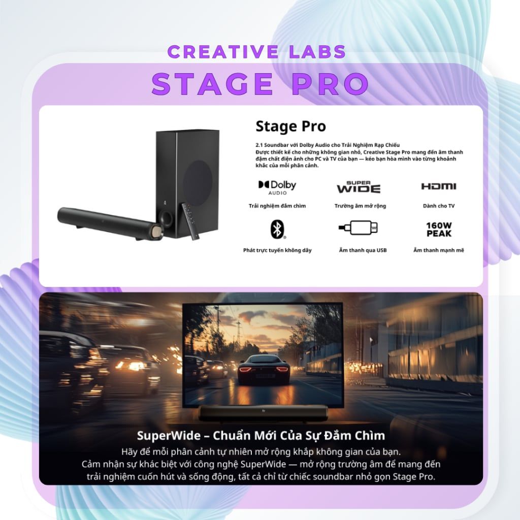 [CHÍNH HÃNG] Loa CREATIVE Soundbar Stage Pro | Công suất 160W Peak | Hệ thống 2.1 với Subwoofer - Bảo Hành 12 tháng