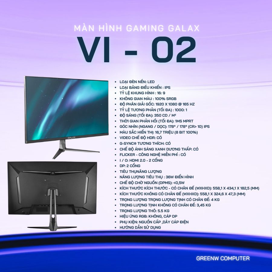 Màn hình máy tính PC Vivance-02 24in 1ms MPRT 165 Hz IPS LED Flicker GAMING GALAX [BH 3nĂm]