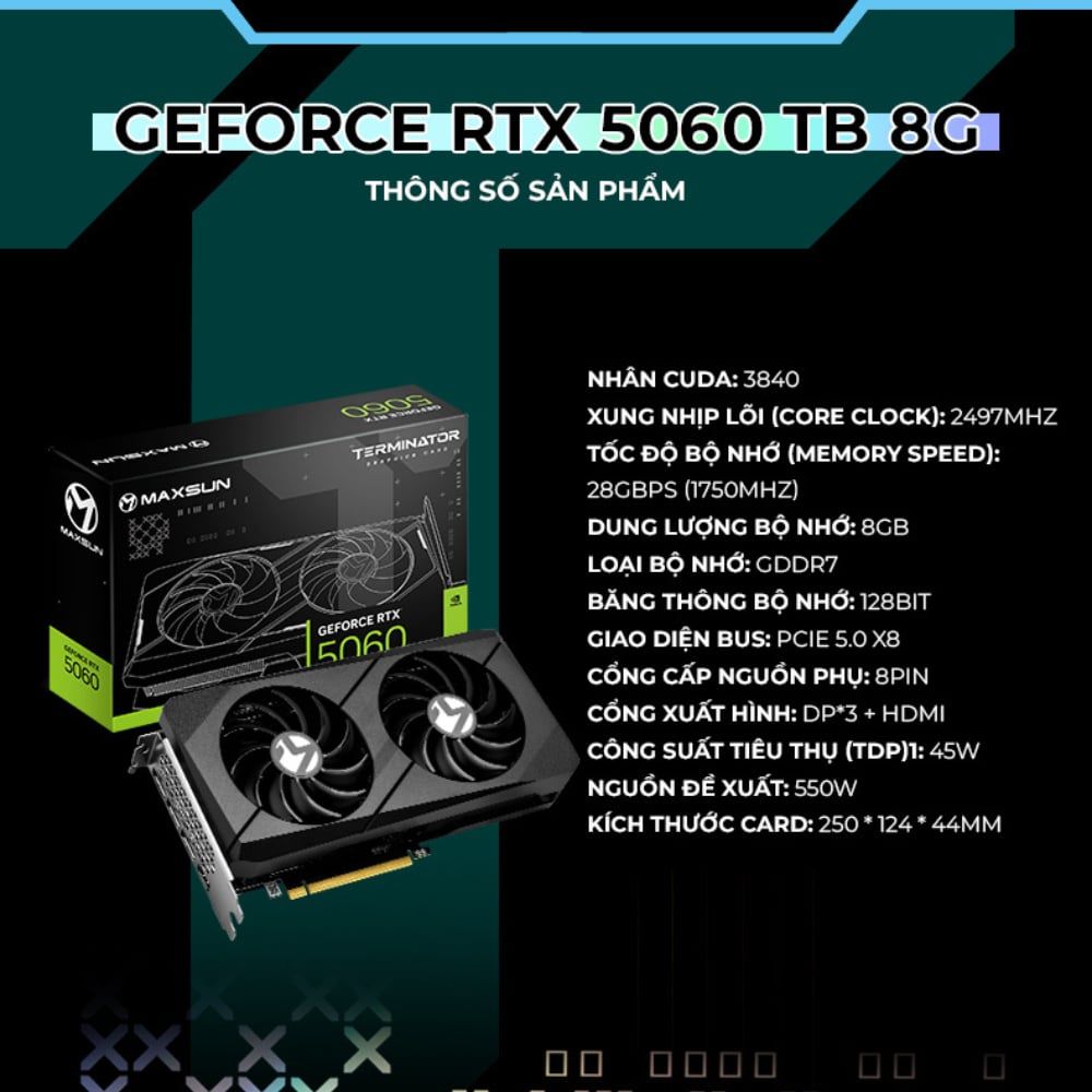 Card Màn Hình VGA MAXSUN NVIDIA RTX 5060 TRB 8GB | GDDR7 | 2 fans - Bảo Hành 3 Năm