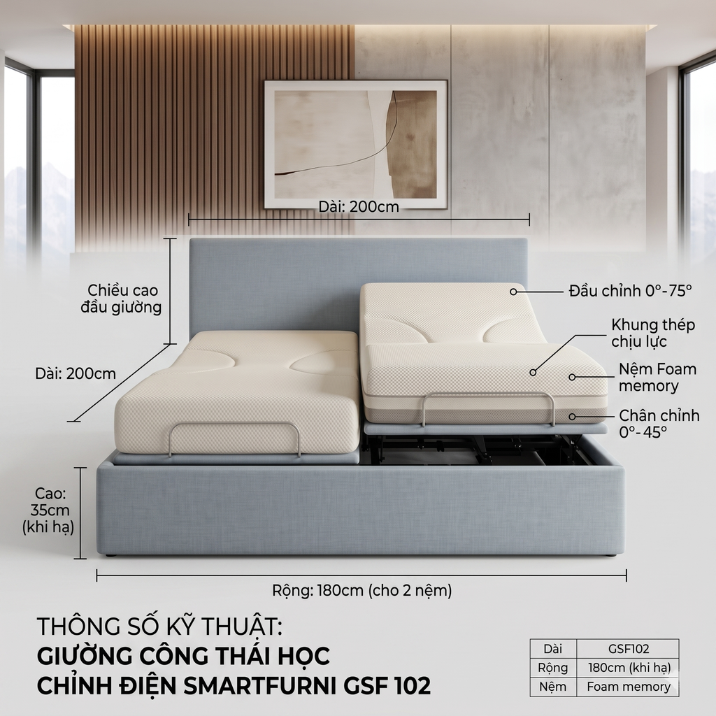 Giường công thái học điều chỉnh điện SmartFurni GSF102-DOUBLE