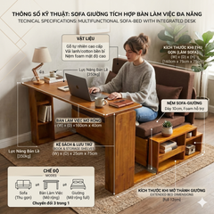 Sofa giường 4 trong 1 có bàn làm việc, bàn ăn SmartFurni SMF30 - Gỗ tự nhiên cao cấp, có hộc để đồ