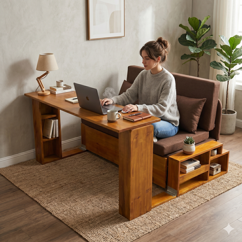 Sofa giường 4 trong 1 có bàn làm việc, bàn ăn SmartFurni SMF30 - Gỗ tự nhiên cao cấp, có hộc để đồ