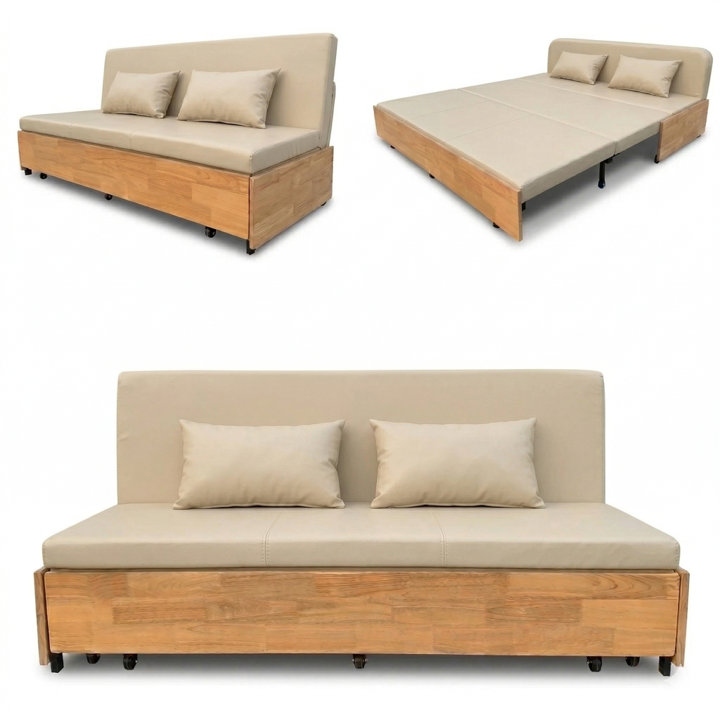 Sofa Giường Da PU SMF23 Gỗ Tự Nhiên có Hộc Đựng Đồ SmartFurni SMF23-PU-GTN