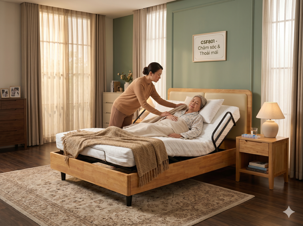 Giường công thái học SmartFurni - SMF801 khung gỗ tự nhiên