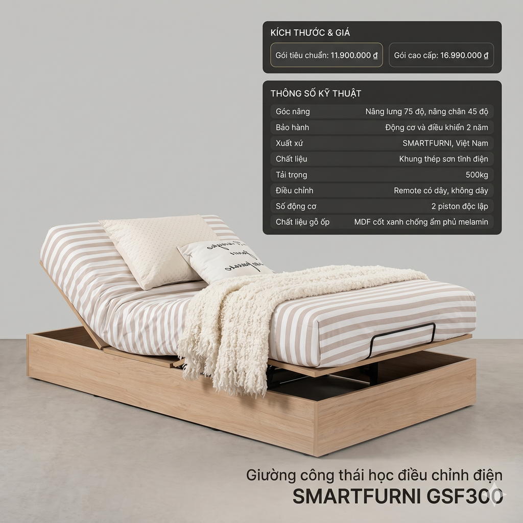 Giường công thái học điều chỉnh điện SmartFurni GSF300 size 0,9M x 2M