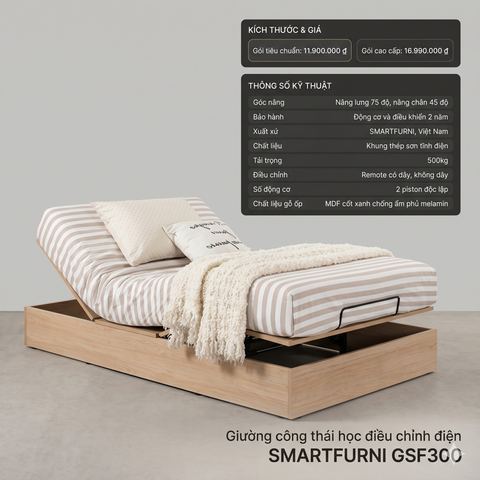 Giường công thái học điều chỉnh điện SmartFurni GSF300 size 0,9M x 2M