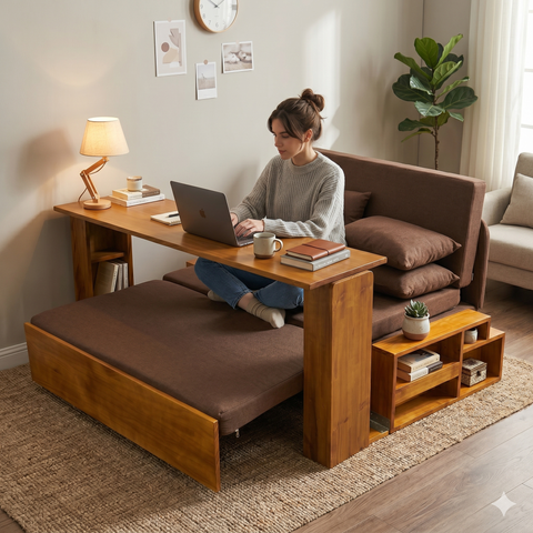 Sofa giường 4 trong 1 có bàn làm việc, bàn ăn SmartFurni SMF30 - Gỗ tự nhiên cao cấp, có hộc để đồ