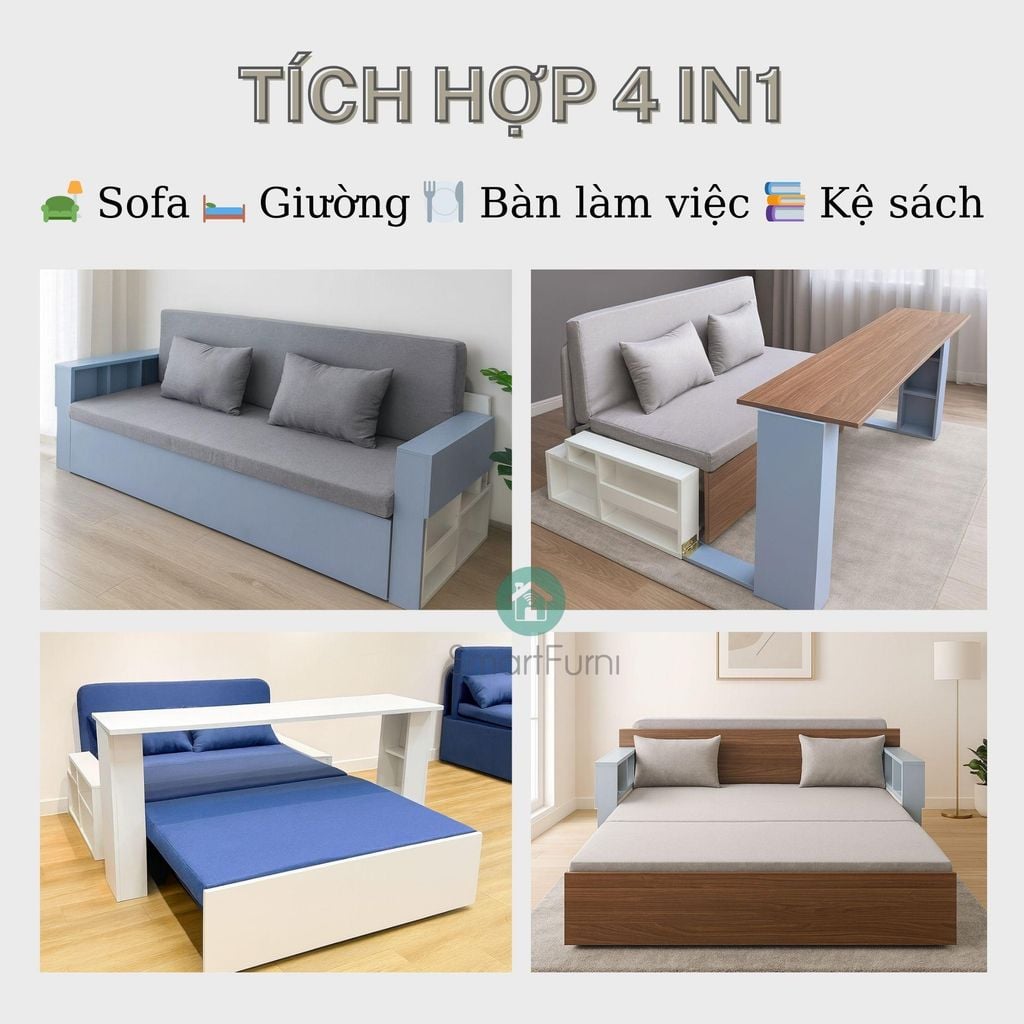 Sofa giường 4 trong 1 SmartFurni SMF28 - Tích hợp bàn làm việc + bàn ăn