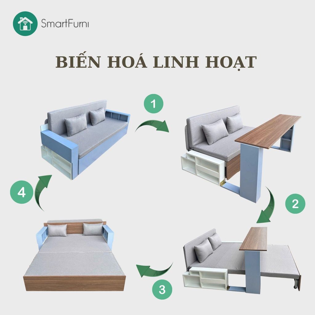Sofa giường 4 trong 1 SmartFurni SMF28C - Tích hợp bàn làm việc + bàn ăn