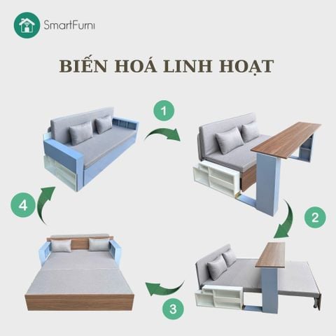 Sofa giường 4 trong 1 SmartFurni SMF28 - Tích hợp bàn làm việc + bàn ăn