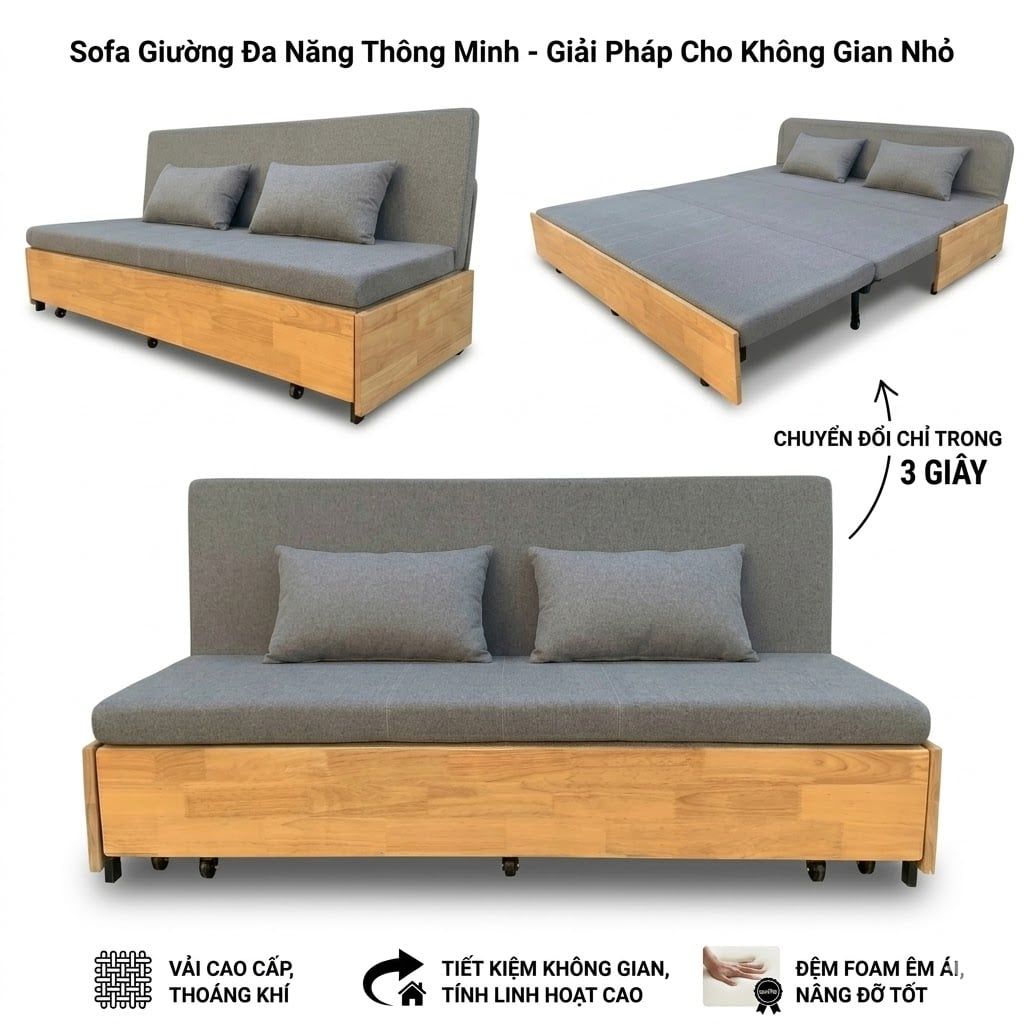 Sofa Giường SMF23 Gỗ Tự Nhiên có Hộc Đựng Đồ SmartFurni SMF23-GTN