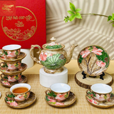  Ấm Chén Phú Qúy Khắc Hoa Sen Nổi Màu Nâu 