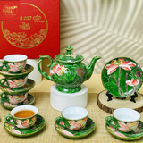  Ấm Chén Phú Qúy Khắc Hoa Sen Nổi Màu Xanh Lục 