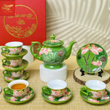  Ấm Chén Phú Qúy Khắc Hoa Sen Nổi Màu Xanh Lục 