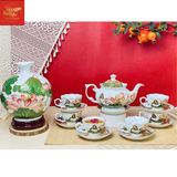  Ấm Chén Phú Qúy Khắc Hoa Sen Nổi Màu Trắng 