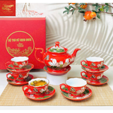  Ấm Chén Phú Qúy Khắc Hoa Sen Nổi Màu Đỏ 