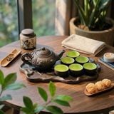  Bộ Ấm Chén Trà Gốm Tử Sa-Đắp Trúc Đỏ-Khay Sen Cá 