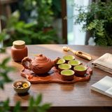  Bộ Ấm Chén Trà Gốm Tử Sa-Đắp Trúc Đỏ-Khay Sen Cá 