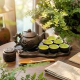  Bộ Ấm Chén Trà Gốm Tử Sa-Đắp Nổi Sen-Khay Sen Cá 