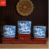  Bát Hương  Song Long Chầu Nguyệt  Men Lam 