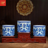  Bát Hương Song Long Chầu Nguyệt Nền Gấm Men Lam 