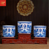  Bát Hương Song Long Chầu Nguyệt Nền Gấm Men Lam 