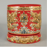  Bát Hương Song Long Chầu Nguyệt Màu Đỏ Đắp Nổi Vẽ Vàng 