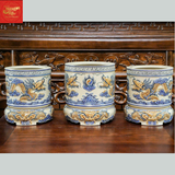  Bát Hương Đắp Nổi Song Long Chầu Nguyệt Men Hoàng Thổ 