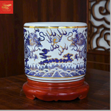  Bát Hương Song Long Chầu Nguyệt Men Lam Vẽ Vàng 