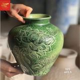  Lọ Hoa Khắc Nổi Họa Tiết Màu Xanh Lục Bảo H23 