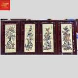  Tranh Tứ Qúy Cổ Đồ Vẽ Vàng Khung Gỗ Hương KT 92CM*48CM 