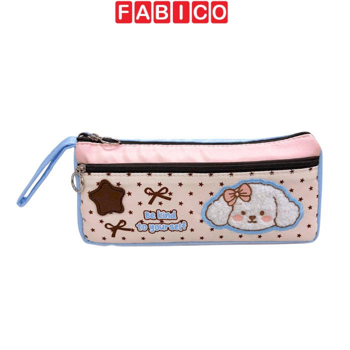 Hộp Bút 2 Ngăn Yescholar 9407 Thêu Cún Xù – Bóp Viết Canvas Dung Tích Lớn Cho Học Sinh, Sinh Viên