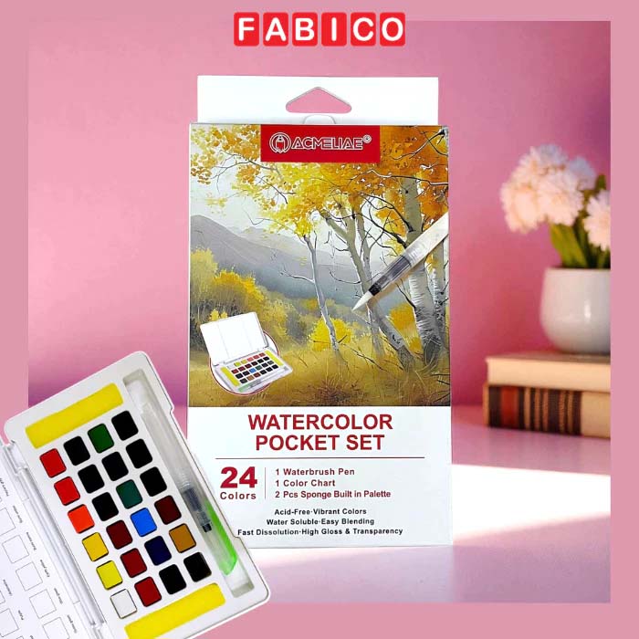 Màu Nước Dạng Nén WaterColor Pocket Set 12/24 Màu Cao Cấp ACMELIAE Tặng Kèm Cọ Mịn Dễ Pha Màu Tô Màu