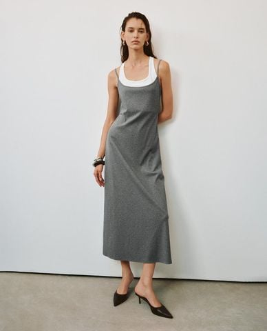  URBAN REVIVO - Đầm hai dây midi cổ chữ U phối layer 