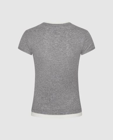  URBAN REVIVO - Áo thun nữ cổ tròn tay ngắn phối viền 