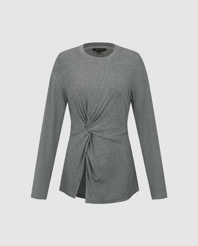  URBAN REVIVO - Áo kiểu nữ cổ tròn tay dài xoắn eo 