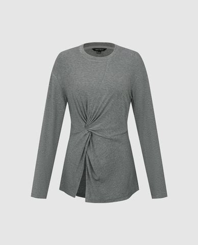  URBAN REVIVO - Áo kiểu nữ cổ tròn tay dài xoắn eo 