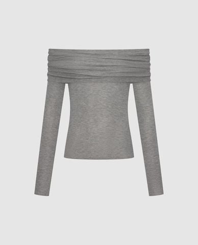  URBAN REVIVO - Áo dệt kim nữ trễ vai tay dài xếp li 