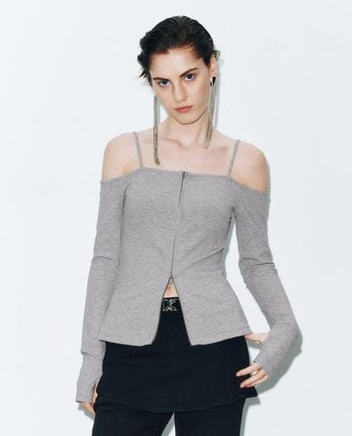  URBAN REVIVO - Áo trễ vai nữ tay dài phối khoá zip 