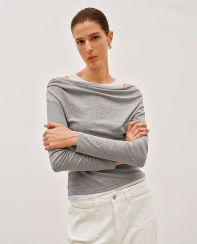  URBAN REVIVO - Áo trễ vai nữ tay dài phối layer 