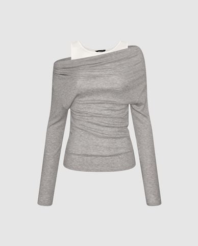  URBAN REVIVO - Áo trễ vai nữ tay dài phối layer 