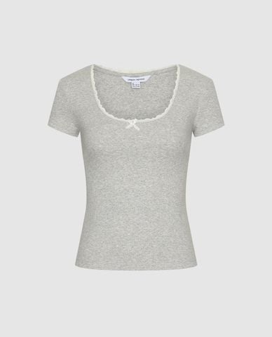  URBAN REVIVO - Áo thun nữ cổ tròn viền bèo đính nơ 